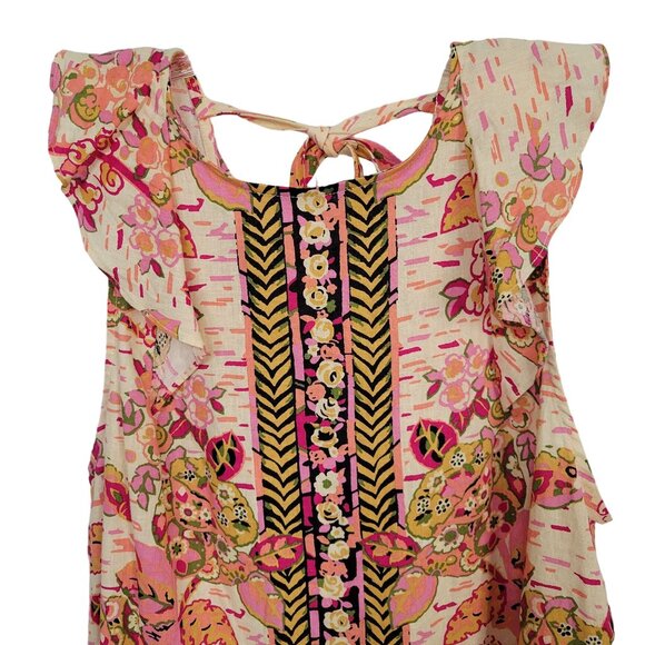 Free People NWT Size L Dress Mini Linen Blend Floral Keyhole Back Pullover Pink - Picture 4 of 13